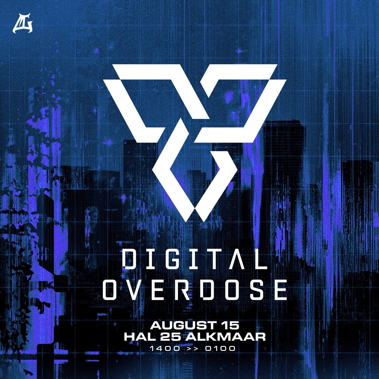 Blauw-paarse Digital Overdose-flyer met logo en de tekst August 15, HAL 25 Alkmaar.