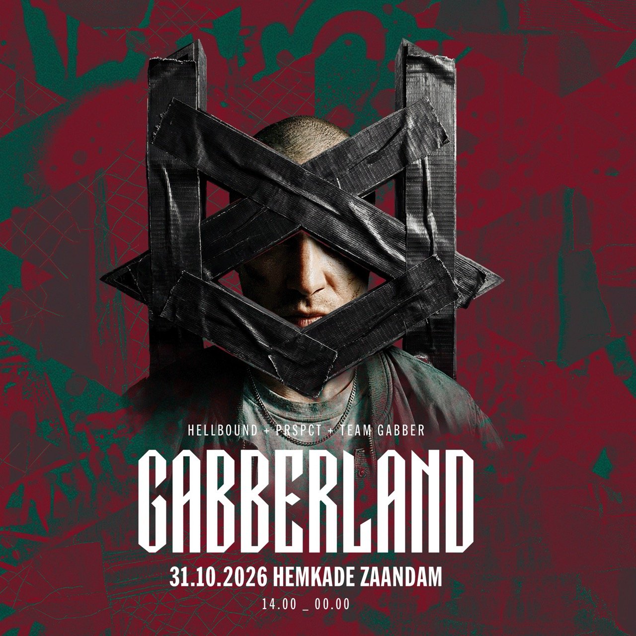 Rood-groene Gabberland-flyer met Hellbound, PRSPCT en Team Gabber, 31 oktober 2026 in de Hemkade.