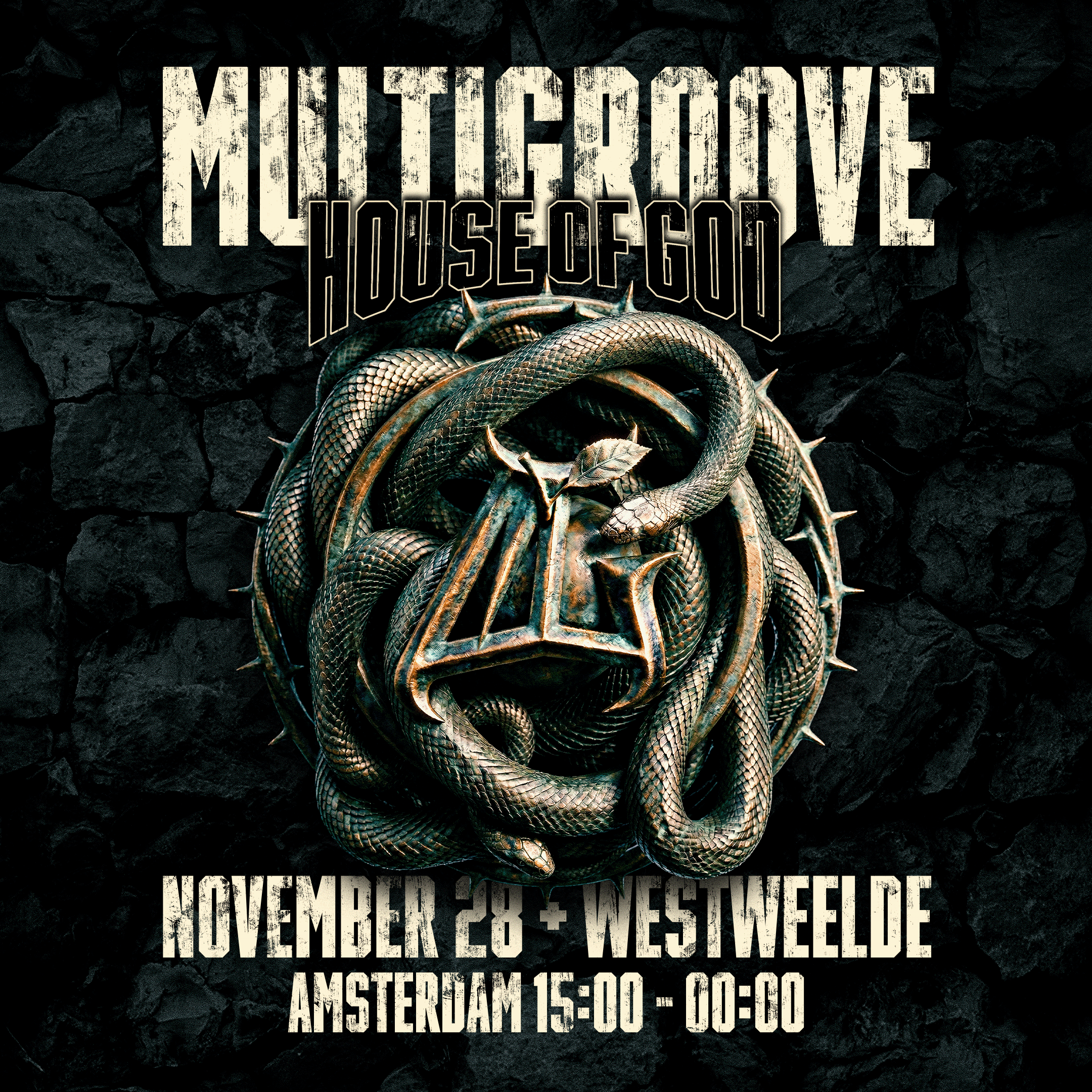 House of God-flyer met een slang rond het Multigroove-logo, 28 november in WestWeelde Amsterdam.